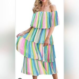 Rainbow Striped Tiered Dress Medium (5792)